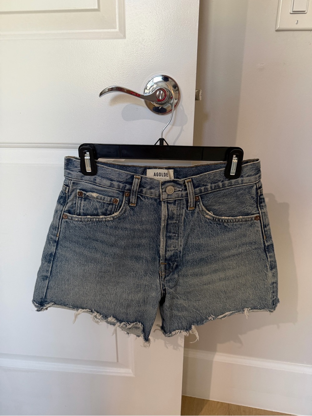 Agolde Parker Long Vintage Light Wash Denim Cutoff Shorts